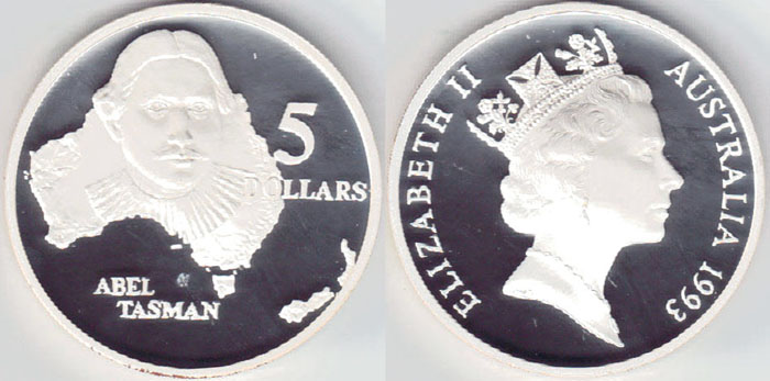 1993 Australia silver $5 (Tasman)